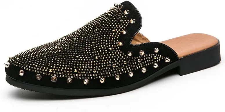 Men's Leather Smoking Slippers Spikes Rivets Velvet Slip On Loafers Fashion Backless Mule Clogs Anti-Slip Sandals Slides for Men and Women Designer Luxury Dress Wedding Party Prom Shoes