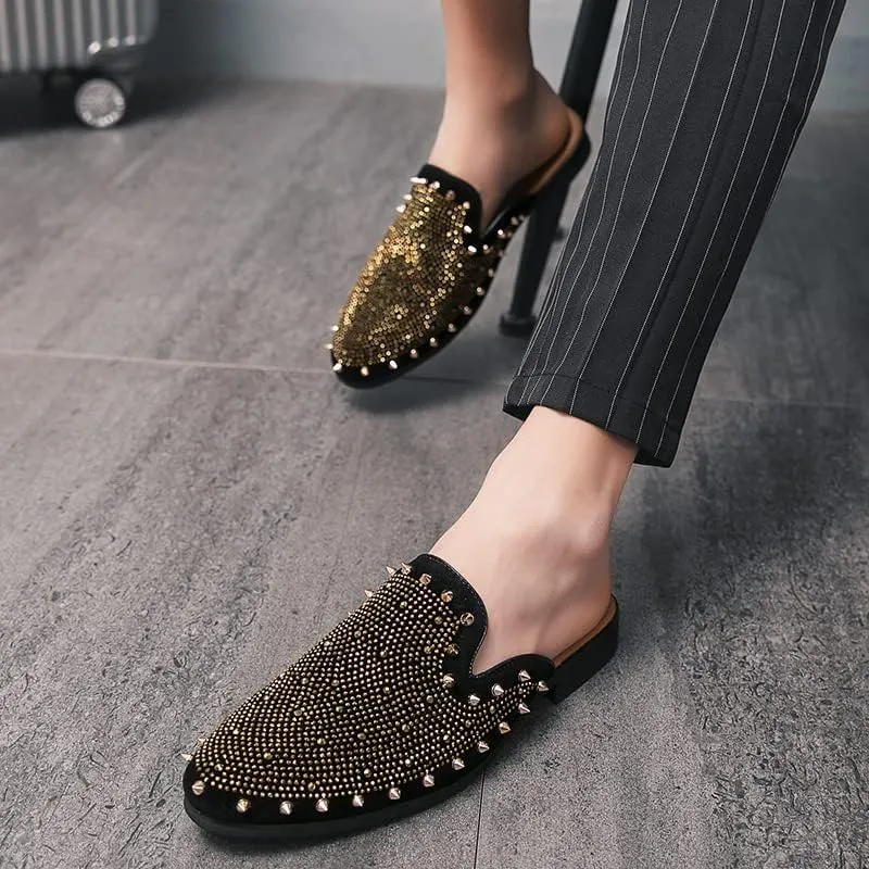 Men's Leather Smoking Slippers Spikes Rivets Velvet Slip On Loafers Fashion Backless Mule Clogs Anti-Slip Sandals Slides for Men and Women Designer Luxury Dress Wedding Party Prom Shoes
