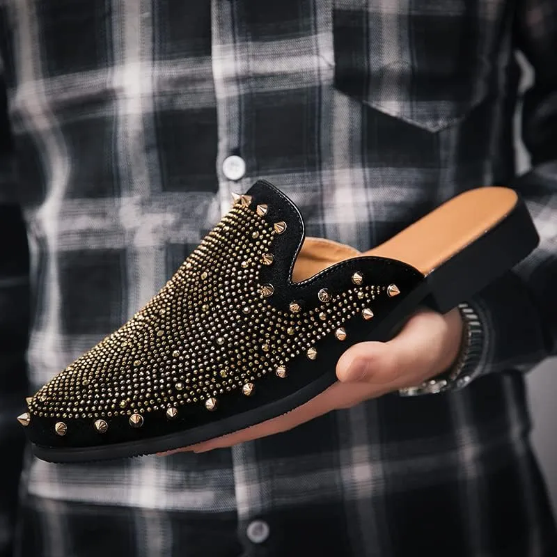 Men's Leather Smoking Slippers Spikes Rivets Velvet Slip On Loafers Fashion Backless Mule Clogs Anti-Slip Sandals Slides for Men and Women Designer Luxury Dress Wedding Party Prom Shoes