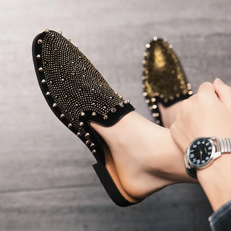Men's Leather Smoking Slippers Spikes Rivets Velvet Slip On Loafers Fashion Backless Mule Clogs Anti-Slip Sandals Slides for Men and Women Designer Luxury Dress Wedding Party Prom Shoes