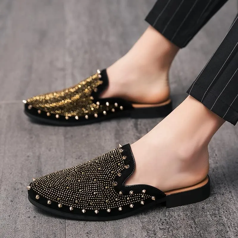 Men's Leather Smoking Slippers Spikes Rivets Velvet Slip On Loafers Fashion Backless Mule Clogs Anti-Slip Sandals Slides for Men and Women Designer Luxury Dress Wedding Party Prom Shoes