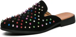 Men's Leather Spikes Rivets Smoking Slippers Velvet Slip On Loafers Fashion Backless Mule Clogs Anti-Slip Sandals Slides for Men and Women Designer Luxury Dress Wedding Party Prom Shoes