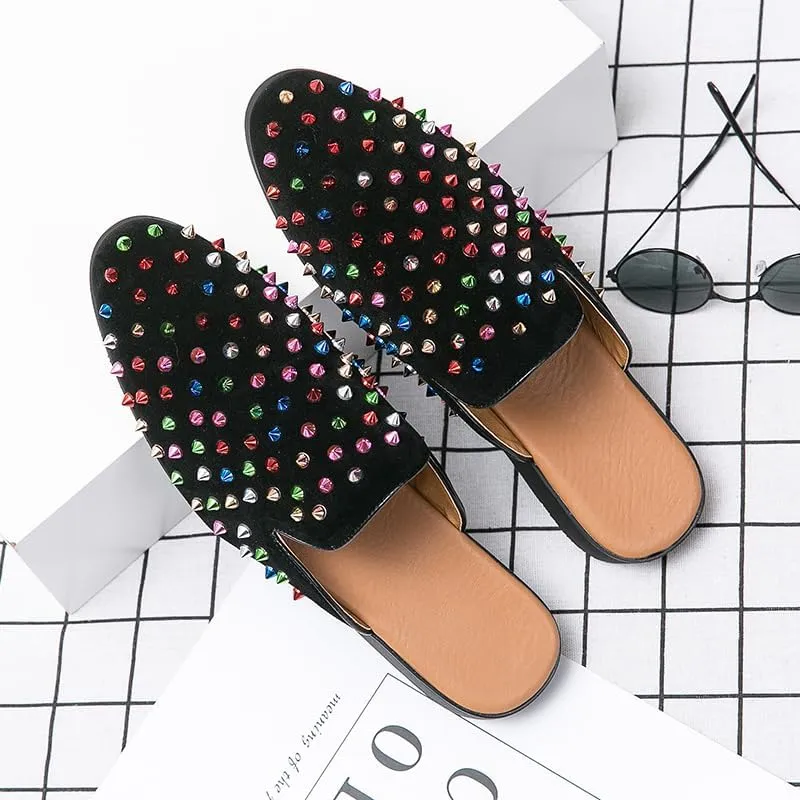 Men's Leather Spikes Rivets Smoking Slippers Velvet Slip On Loafers Fashion Backless Mule Clogs Anti-Slip Sandals Slides for Men and Women Designer Luxury Dress Wedding Party Prom Shoes