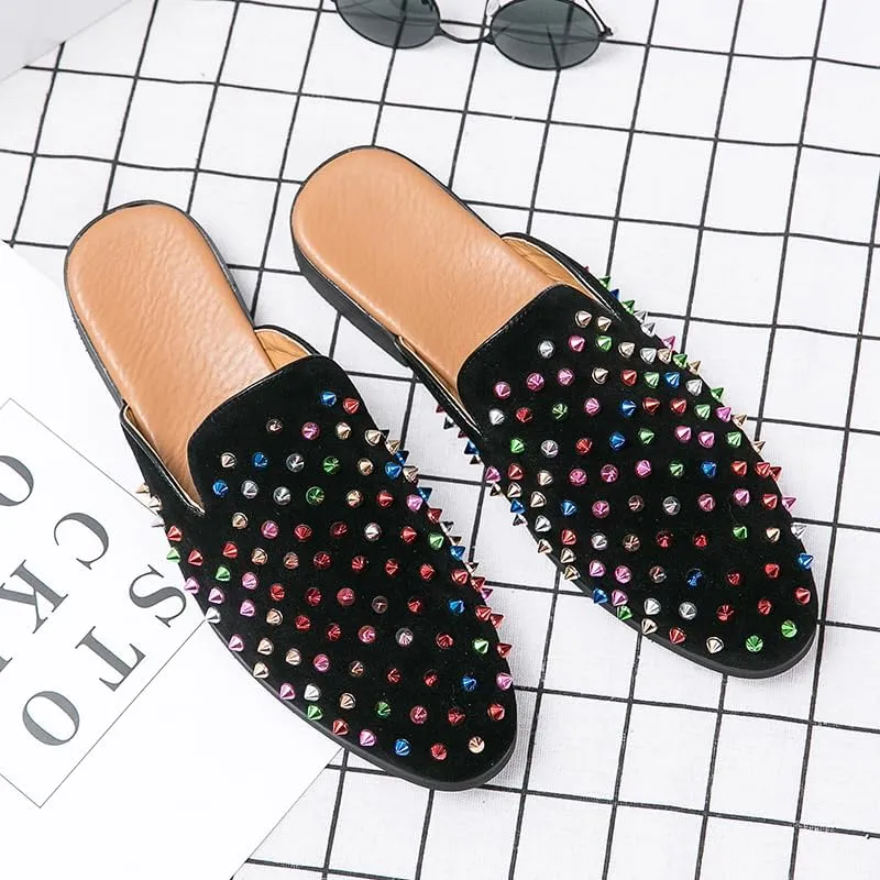 Men's Leather Spikes Rivets Smoking Slippers Velvet Slip On Loafers Fashion Backless Mule Clogs Anti-Slip Sandals Slides for Men and Women Designer Luxury Dress Wedding Party Prom Shoes
