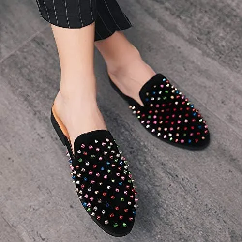 Men's Leather Spikes Rivets Smoking Slippers Velvet Slip On Loafers Fashion Backless Mule Clogs Anti-Slip Sandals Slides for Men and Women Designer Luxury Dress Wedding Party Prom Shoes