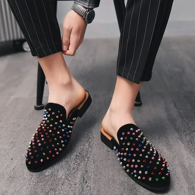 Men's Leather Spikes Rivets Smoking Slippers Velvet Slip On Loafers Fashion Backless Mule Clogs Anti-Slip Sandals Slides for Men and Women Designer Luxury Dress Wedding Party Prom Shoes