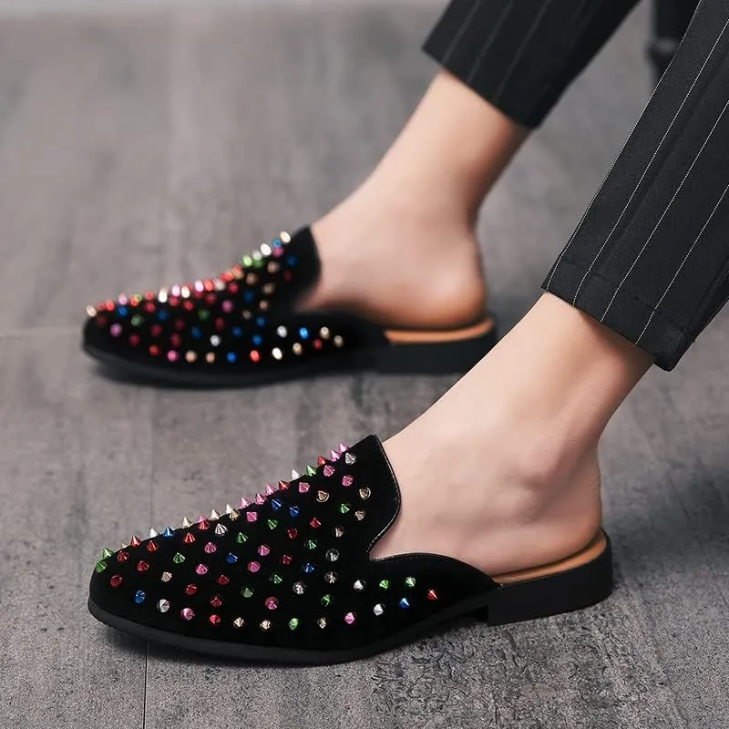 Men's Leather Spikes Rivets Smoking Slippers Velvet Slip On Loafers Fashion Backless Mule Clogs Anti-Slip Sandals Slides for Men and Women Designer Luxury Dress Wedding Party Prom Shoes