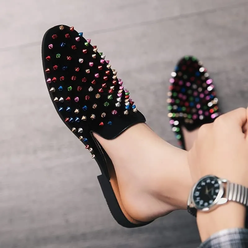 Men's Leather Spikes Rivets Smoking Slippers Velvet Slip On Loafers Fashion Backless Mule Clogs Anti-Slip Sandals Slides for Men and Women Designer Luxury Dress Wedding Party Prom Shoes