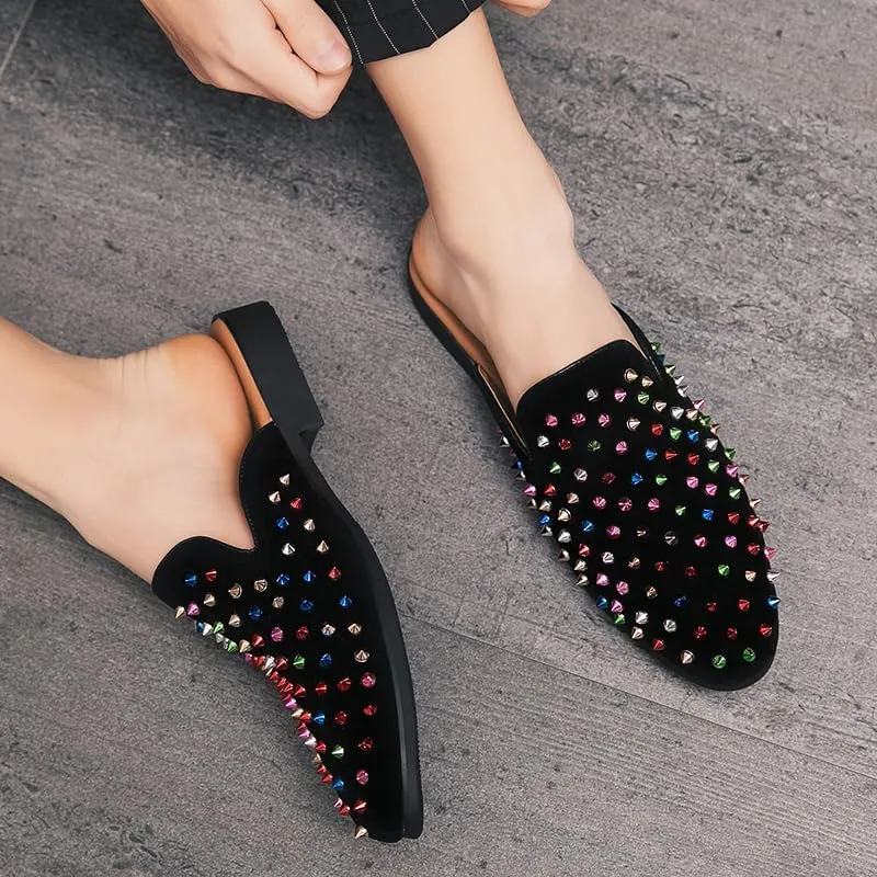 Men's Leather Spikes Rivets Smoking Slippers Velvet Slip On Loafers Fashion Backless Mule Clogs Anti-Slip Sandals Slides for Men and Women Designer Luxury Dress Wedding Party Prom Shoes