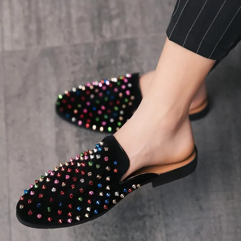 Men's Leather Spikes Rivets Smoking Slippers Velvet Slip On Loafers Fashion Backless Mule Clogs Anti-Slip Sandals Slides for Men and Women Designer Luxury Dress Wedding Party Prom Shoes