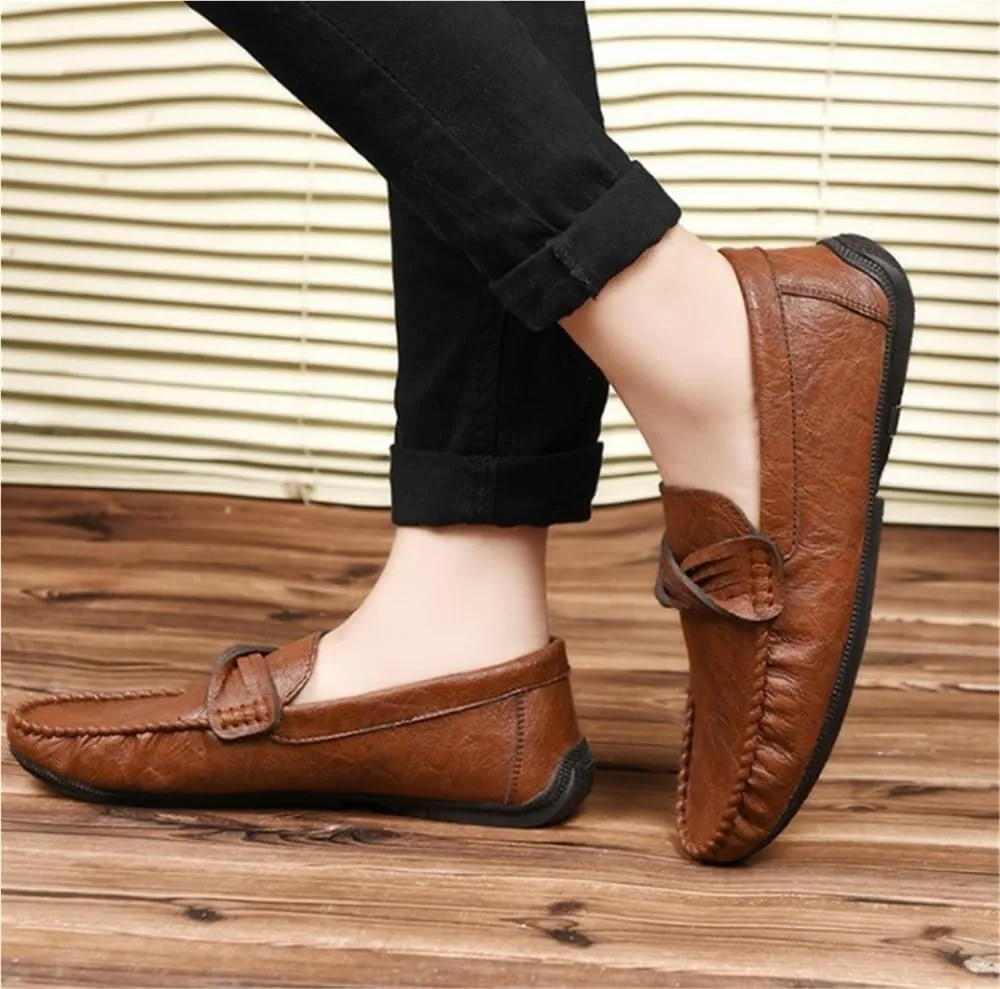 Mens Loafers Round Toe Moccasins Simple Vegan Leather Anti-Slip Flat Heel Slip-on for Business Casual Office Work Wedding