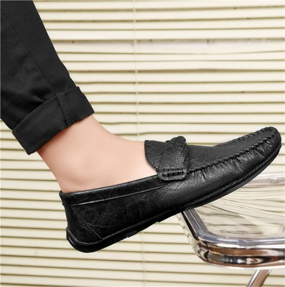 Mens Loafers Round Toe Moccasins Simple Vegan Leather Anti-Slip Flat Heel Slip-on for Business Casual Office Work Wedding