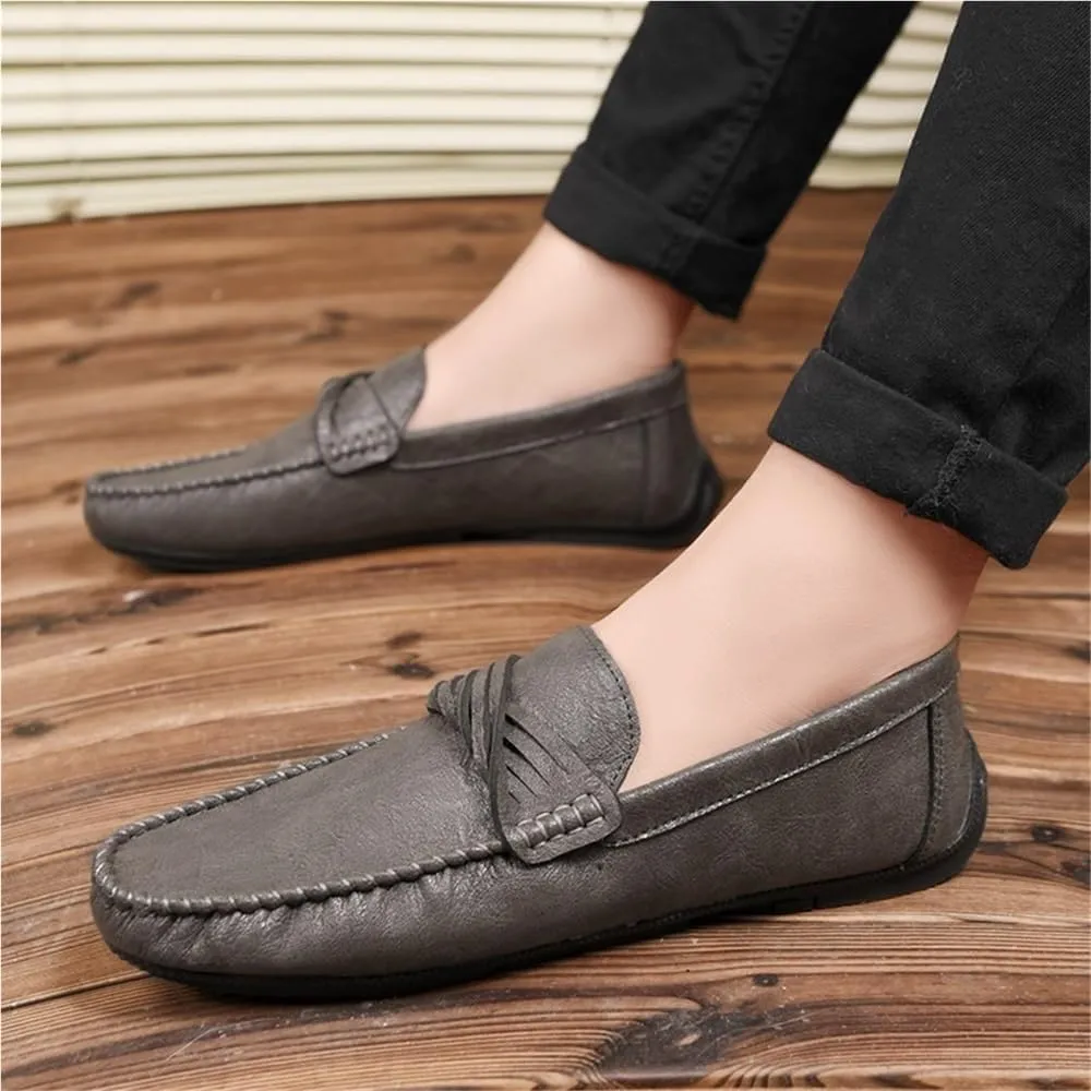 Mens Loafers Round Toe Moccasins Simple Vegan Leather Anti-Slip Flat Heel Slip-on for Business Casual Office Work Wedding