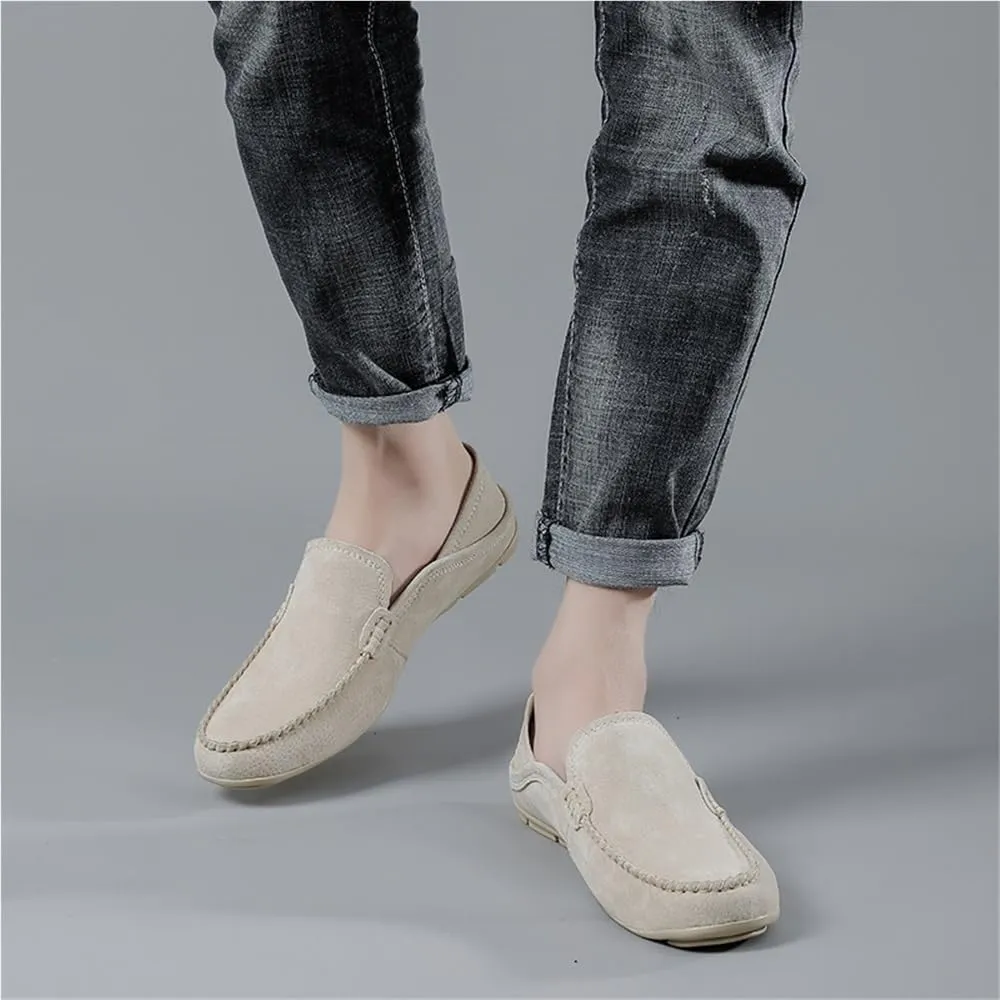 Mens Loafers Slip On Suede Solid Color Round Toe Classic Dress Shoes Flat Heel Resistant Flexible Comfortable Business Casual