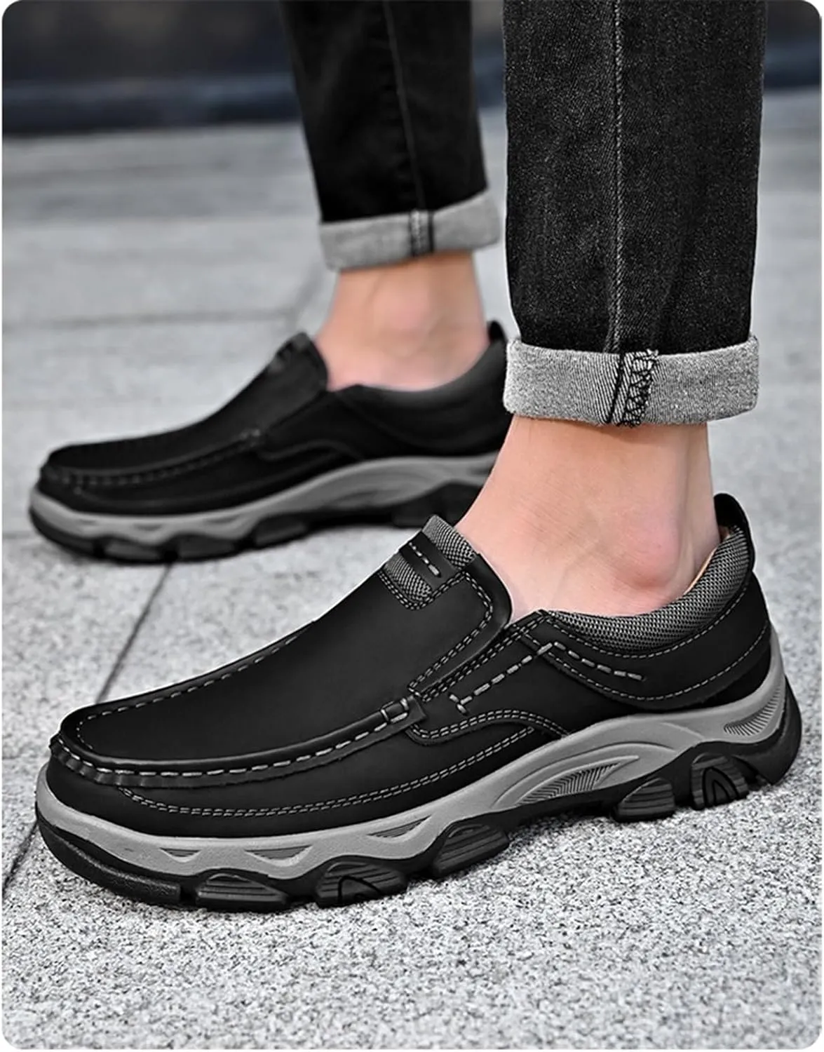 Men's Outdoor Waterproof Hiking Shoes Slip-on Loafers Lace-up Fashionable Square Toe Breathable Non-Slip Leather Shoes Wear-Resistant Work Shoes for Men