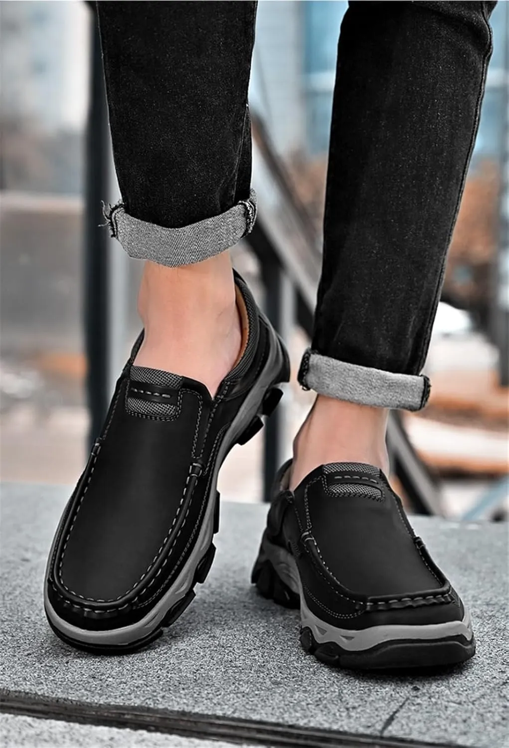 Men's Outdoor Waterproof Hiking Shoes Slip-on Loafers Lace-up Fashionable Square Toe Breathable Non-Slip Leather Shoes Wear-Resistant Work Shoes for Men