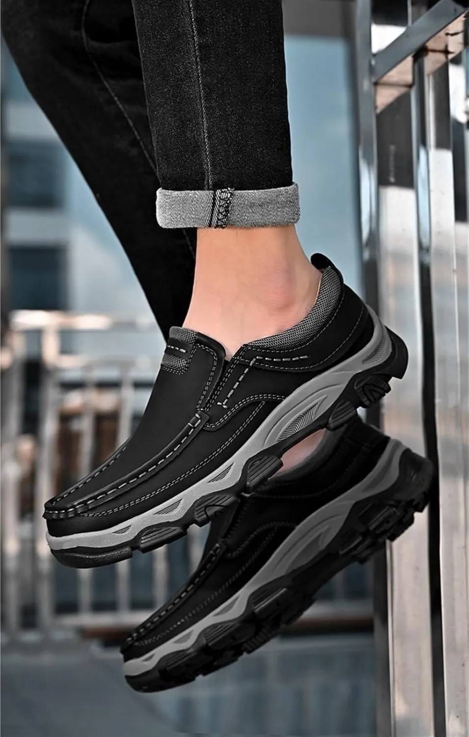 Men's Outdoor Waterproof Hiking Shoes Slip-on Loafers Lace-up Fashionable Square Toe Breathable Non-Slip Leather Shoes Wear-Resistant Work Shoes for Men