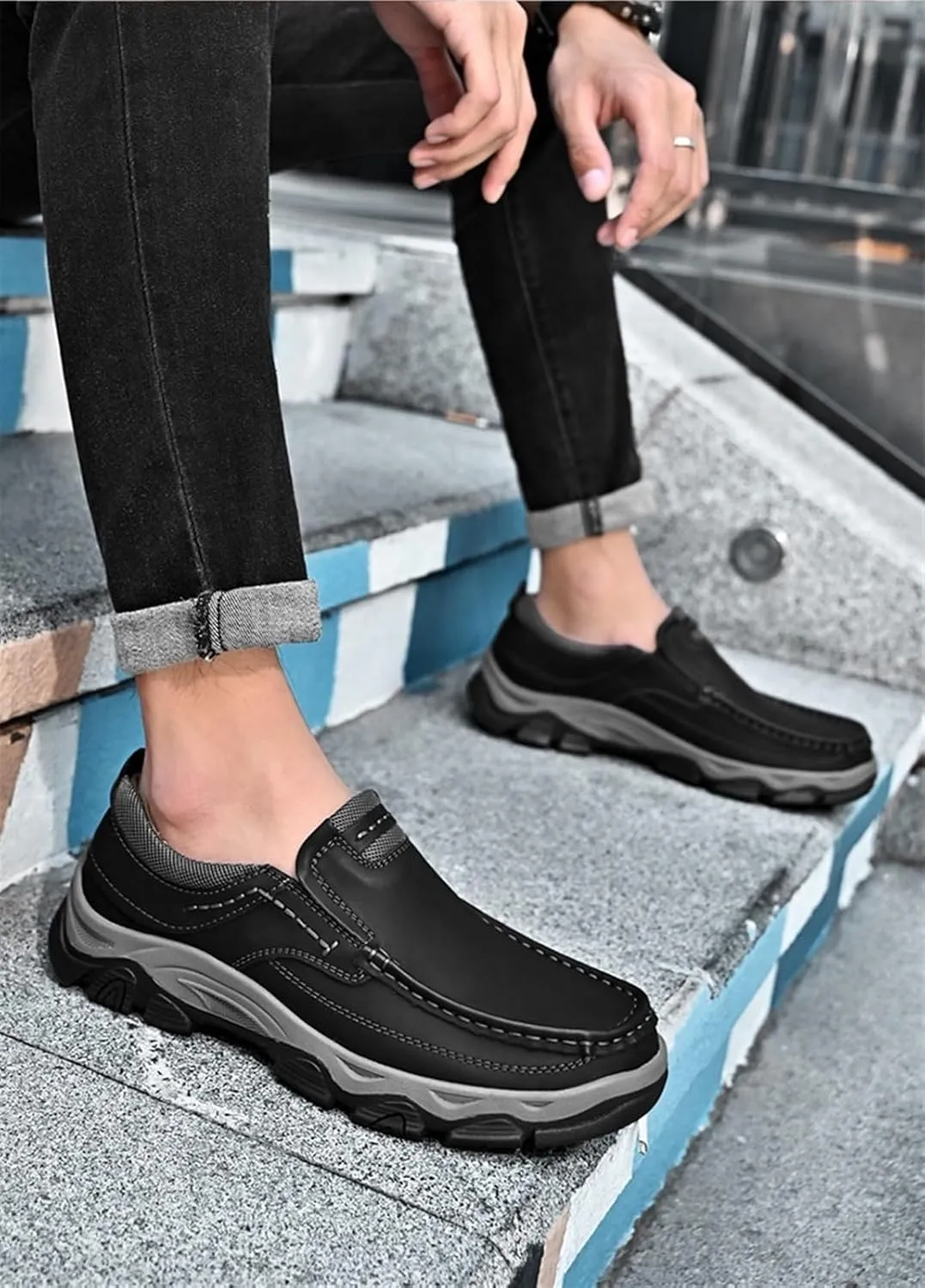 Men's Outdoor Waterproof Hiking Shoes Slip-on Loafers Lace-up Fashionable Square Toe Breathable Non-Slip Leather Shoes Wear-Resistant Work Shoes for Men