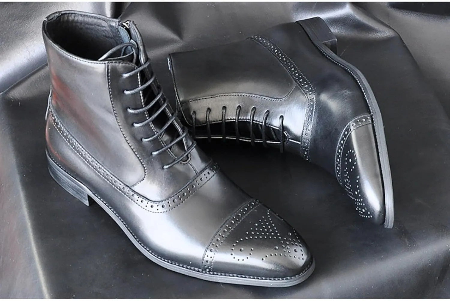 Men's Oxford Chelsea Toe Lace-Up Boots - Leather Motorcycle Ankle Dress Ankle Combat Boots with Zipper