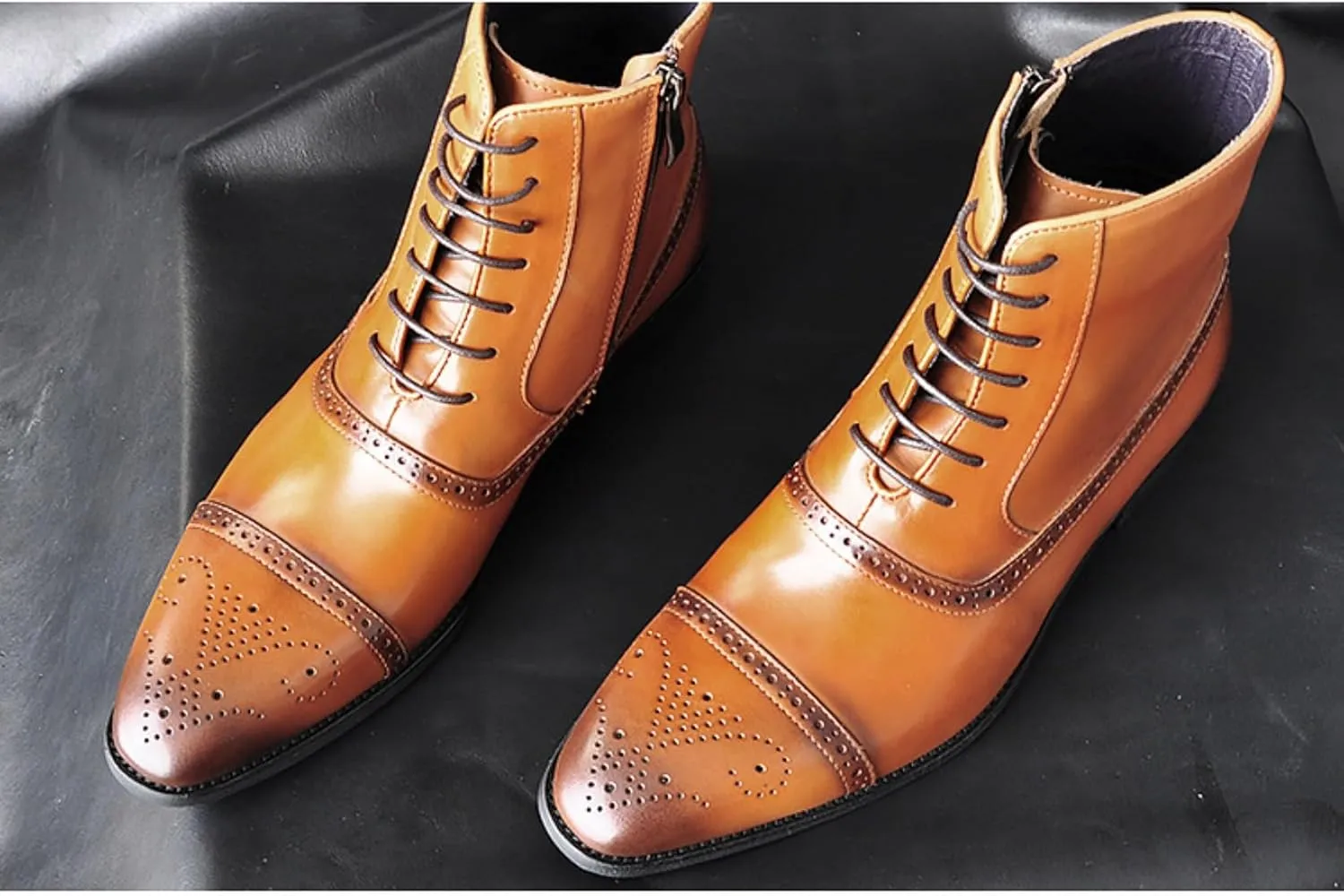 Men's Oxford Chelsea Toe Lace-Up Boots - Leather Motorcycle Ankle Dress Ankle Combat Boots with Zipper