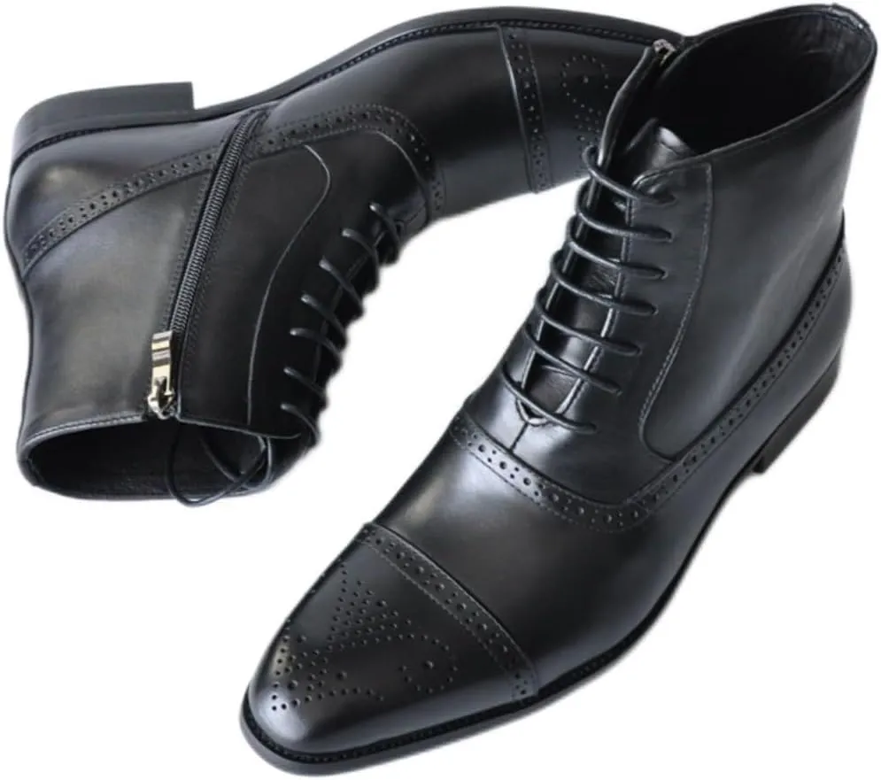 Men's Oxford Chelsea Toe Lace-Up Boots - Leather Motorcycle Ankle Dress Ankle Combat Boots with Zipper