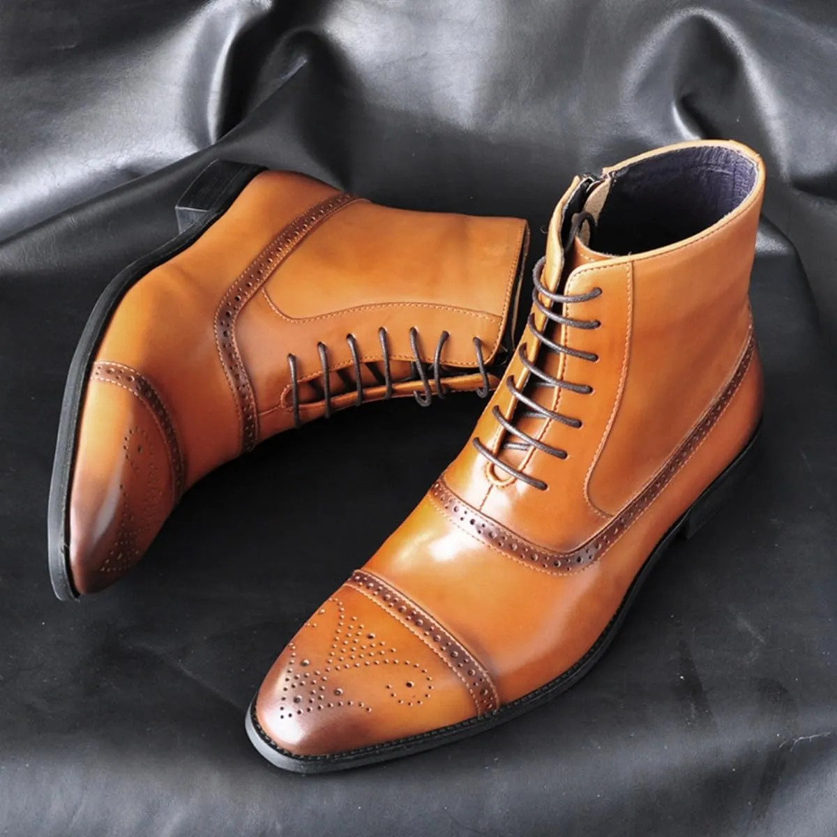 Men's Oxford Chelsea Toe Lace-Up Boots - Leather Motorcycle Ankle Dress Ankle Combat Boots with Zipper