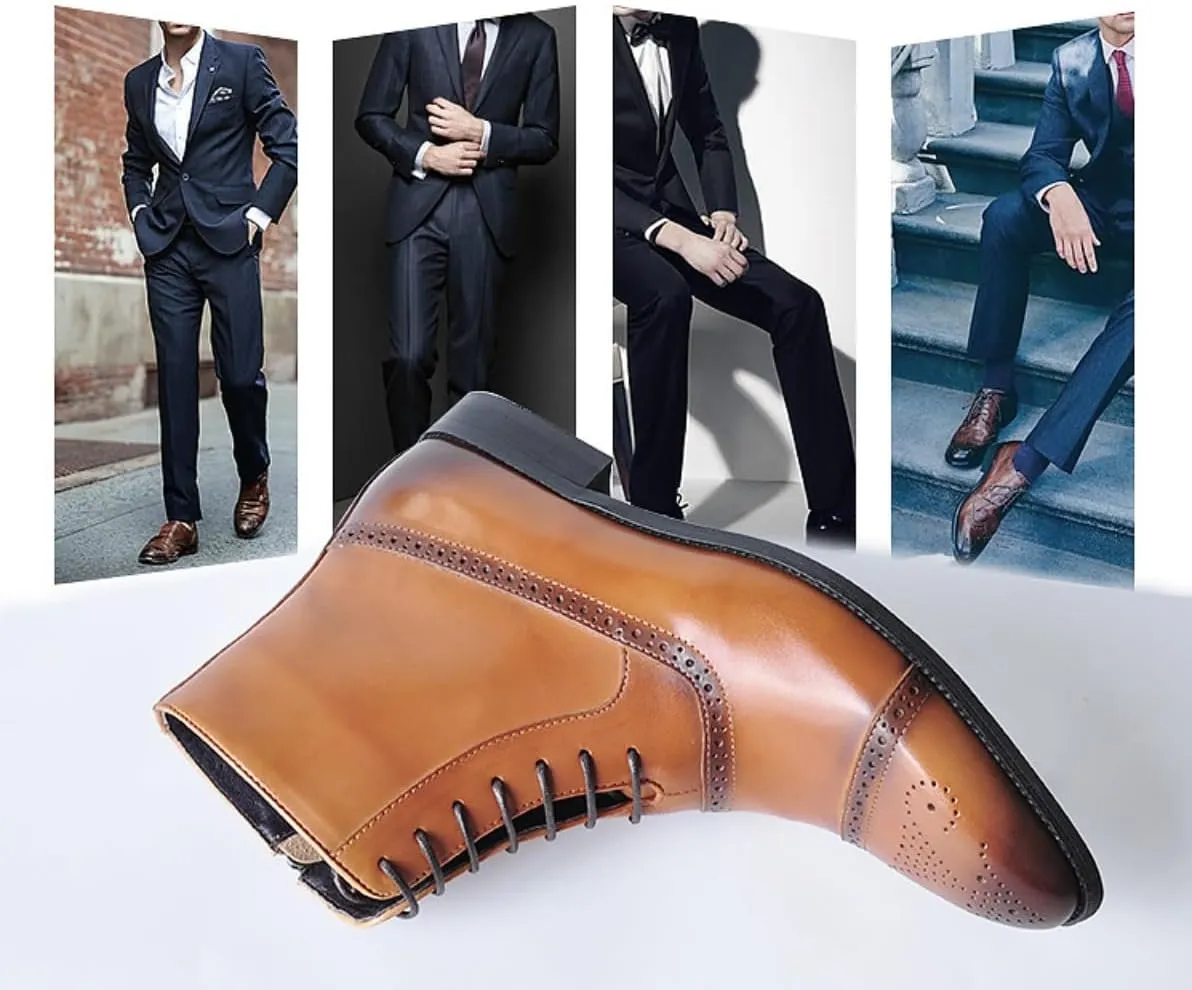 Men's Oxford Chelsea Toe Lace-Up Boots - Leather Motorcycle Ankle Dress Ankle Combat Boots with Zipper
