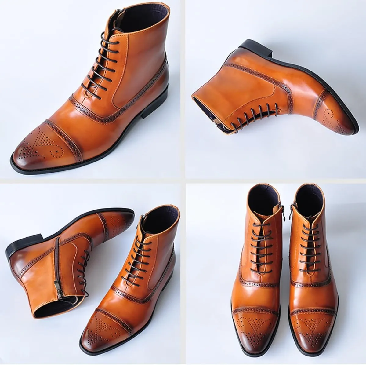 Men's Oxford Chelsea Toe Lace-Up Boots - Leather Motorcycle Ankle Dress Ankle Combat Boots with Zipper