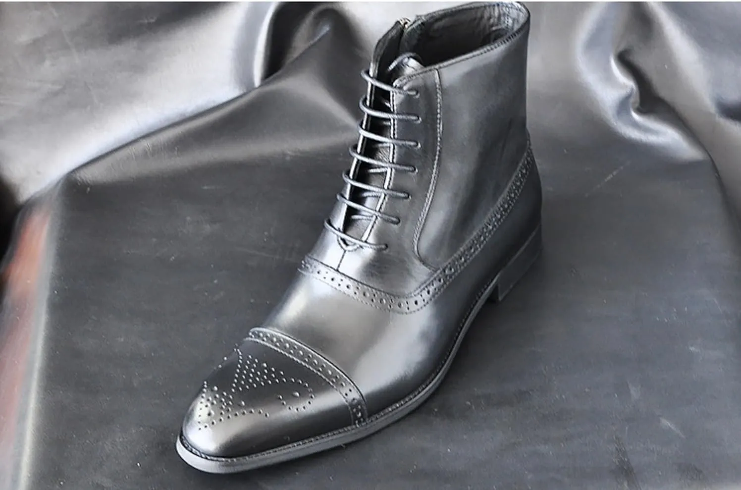 Men's Oxford Chelsea Toe Lace-Up Boots - Leather Motorcycle Ankle Dress Ankle Combat Boots with Zipper