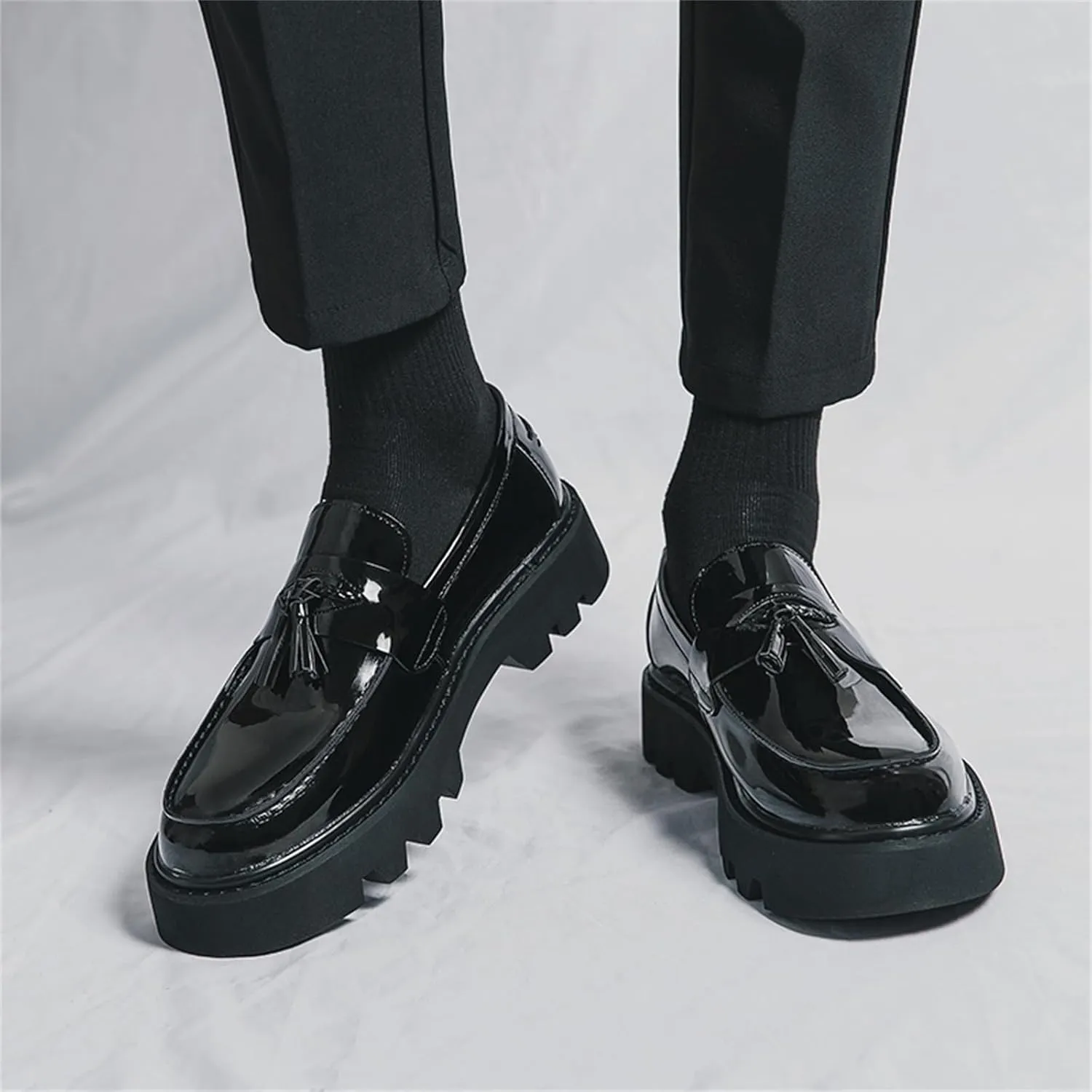 Men's Patent Leather Slip-On Tassel Dress Platform Loafers Casual Non-Slip Penny Formal Shoes Business Party Wedding Prom Moccasins Boat Shoes