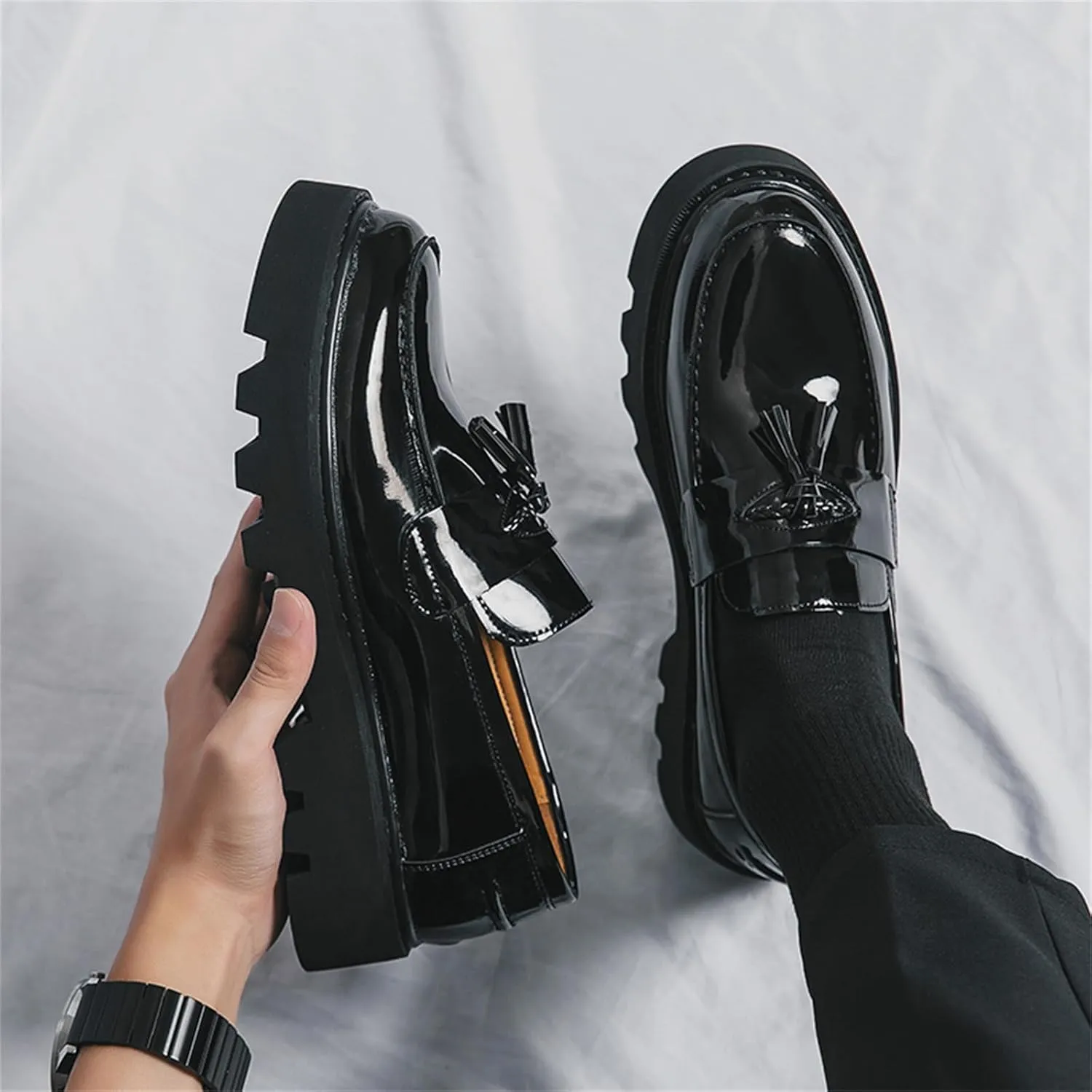 Men's Patent Leather Slip-On Tassel Dress Platform Loafers Casual Non-Slip Penny Formal Shoes Business Party Wedding Prom Moccasins Boat Shoes