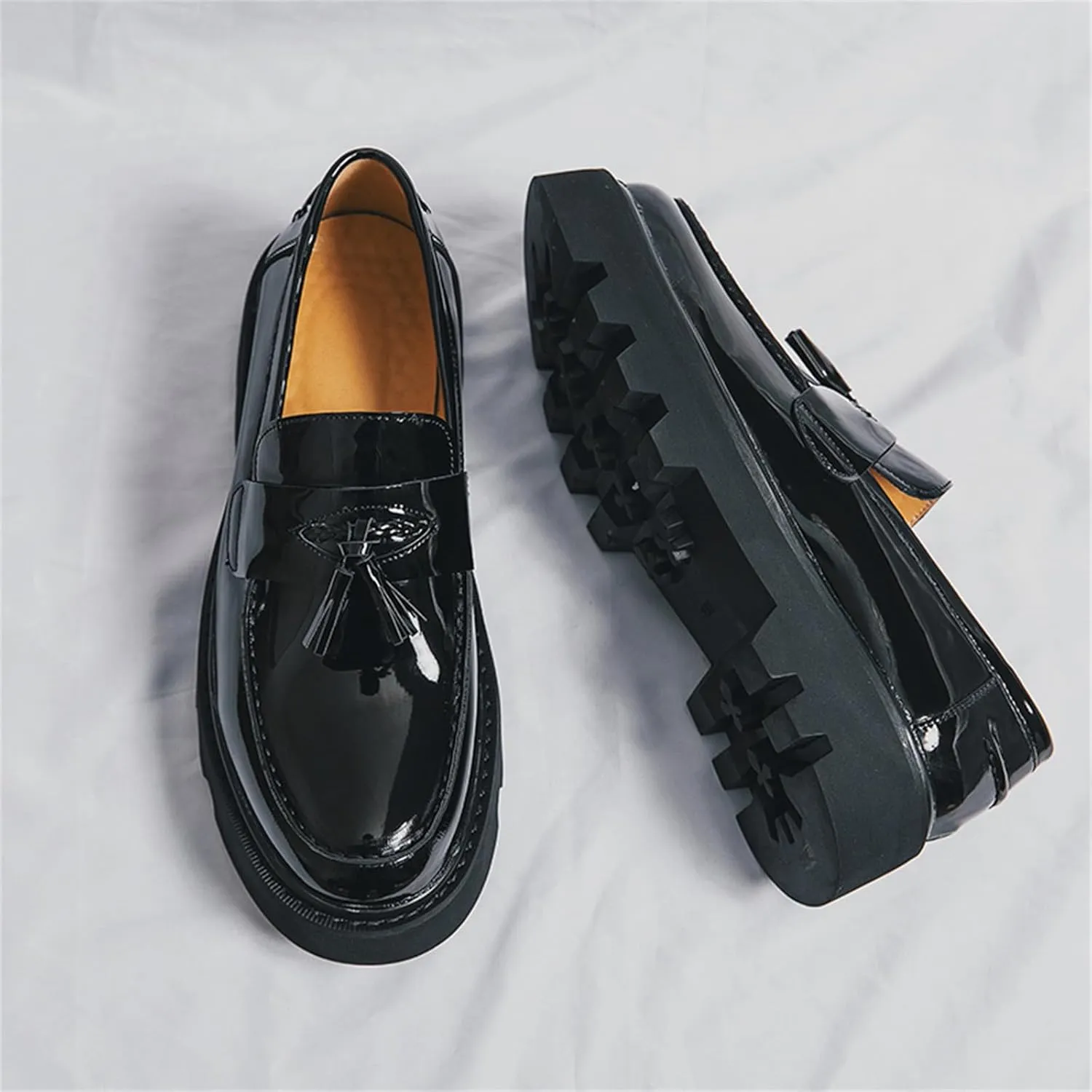 Men's Patent Leather Slip-On Tassel Dress Platform Loafers Casual Non-Slip Penny Formal Shoes Business Party Wedding Prom Moccasins Boat Shoes