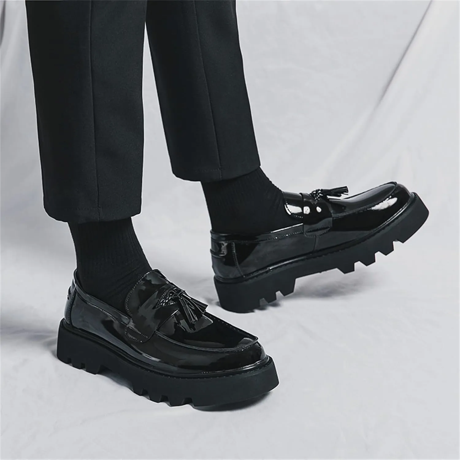 Men's Patent Leather Slip-On Tassel Dress Platform Loafers Casual Non-Slip Penny Formal Shoes Business Party Wedding Prom Moccasins Boat Shoes
