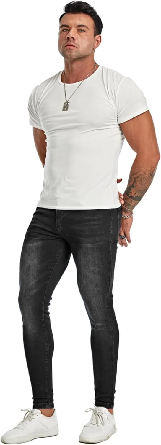 Men's Super Skinny Stretch Tapered Leg Slim Fit Ripped Distressed Jeans…