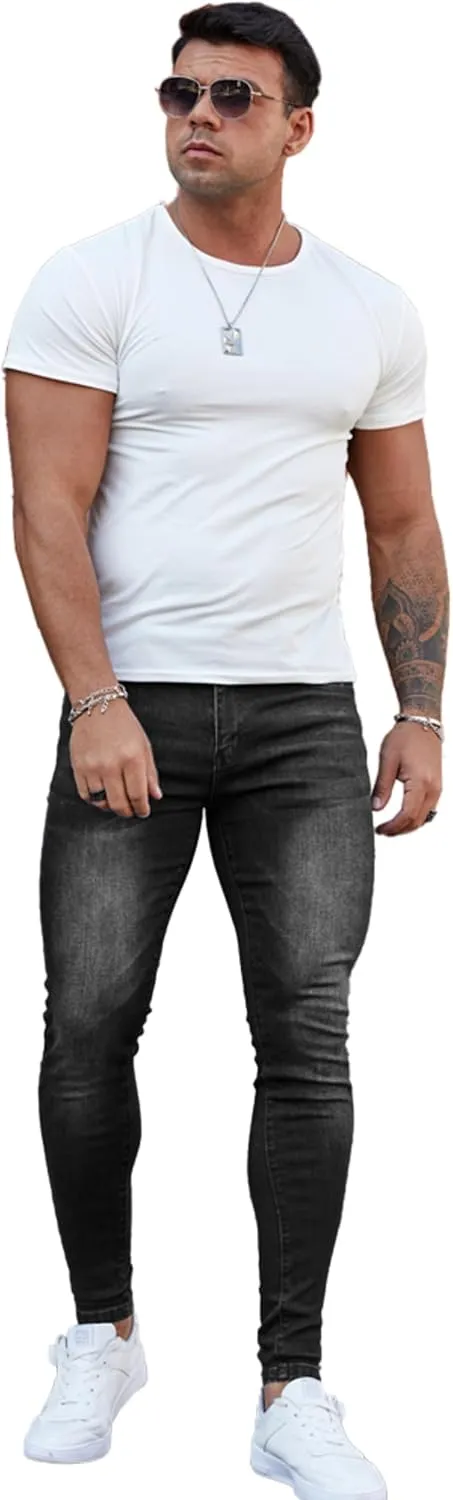 Men's Super Skinny Stretch Tapered Leg Slim Fit Ripped Distressed Jeans…