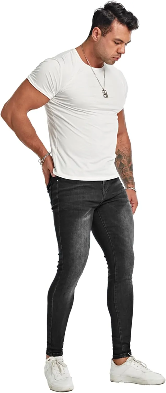 Men's Super Skinny Stretch Tapered Leg Slim Fit Ripped Distressed Jeans…