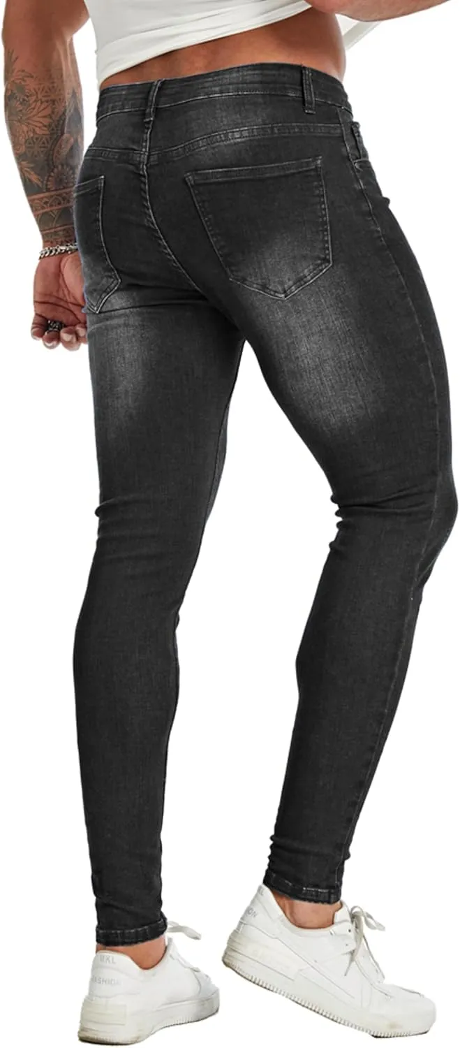 Men's Super Skinny Stretch Tapered Leg Slim Fit Ripped Distressed Jeans…