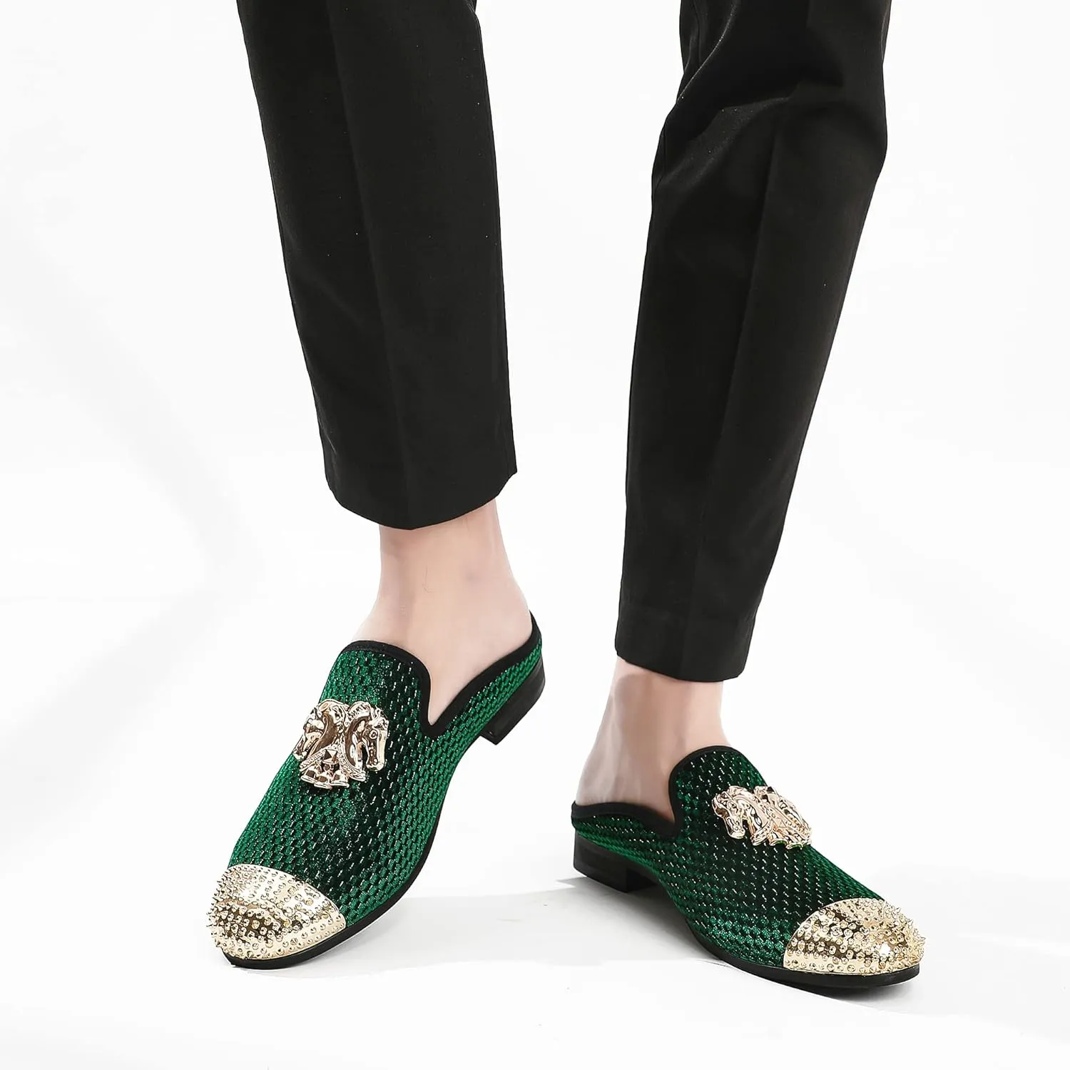 Men's Velvet Slip-on Mule Loafers with Fashion Buckle and Spiked, Stylish Formal Wear Backless Dress Slippers, Casual Anti-Slip Sandals Slides for Men