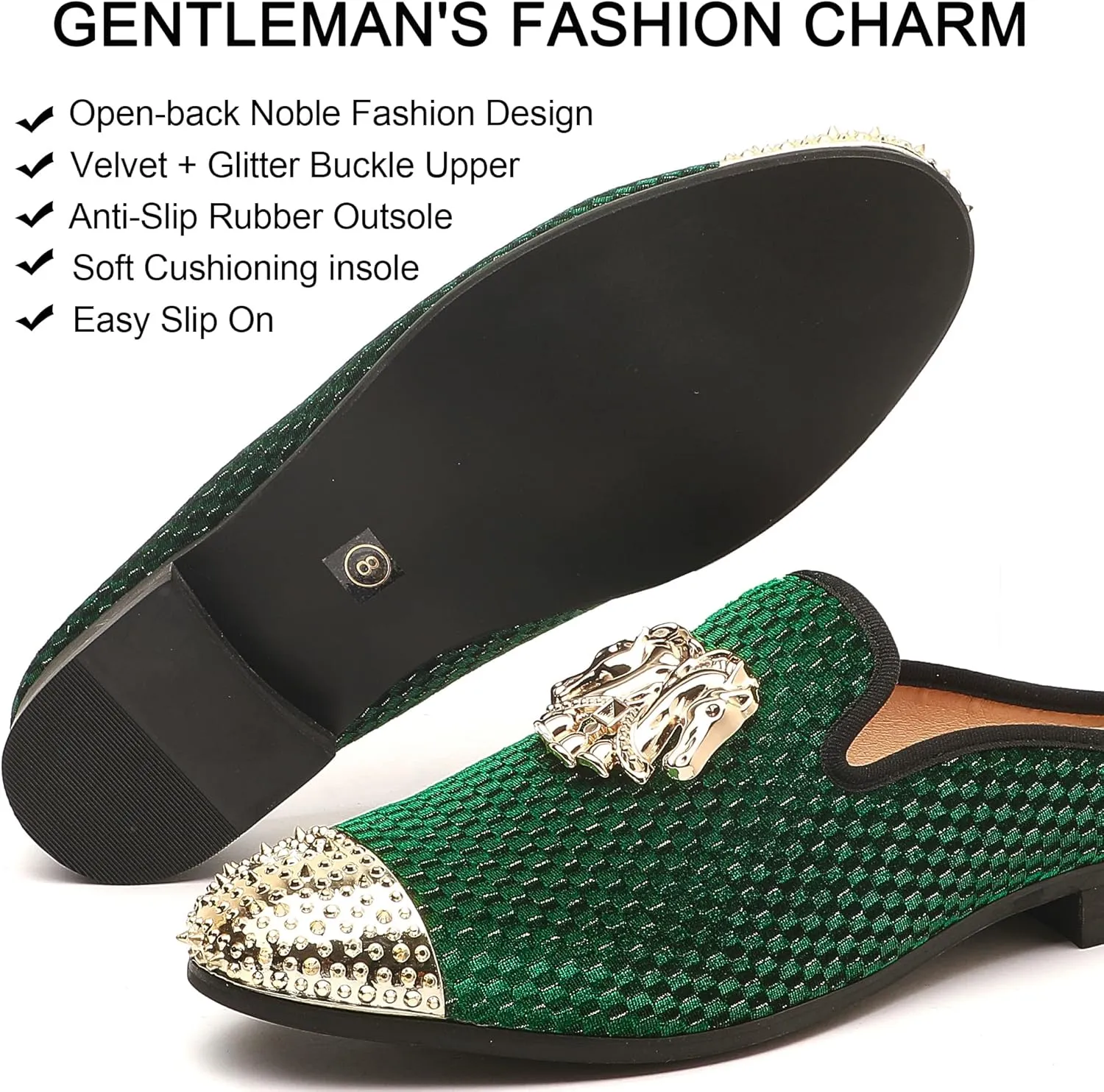 Men's Velvet Slip-on Mule Loafers with Fashion Buckle and Spiked, Stylish Formal Wear Backless Dress Slippers, Casual Anti-Slip Sandals Slides for Men