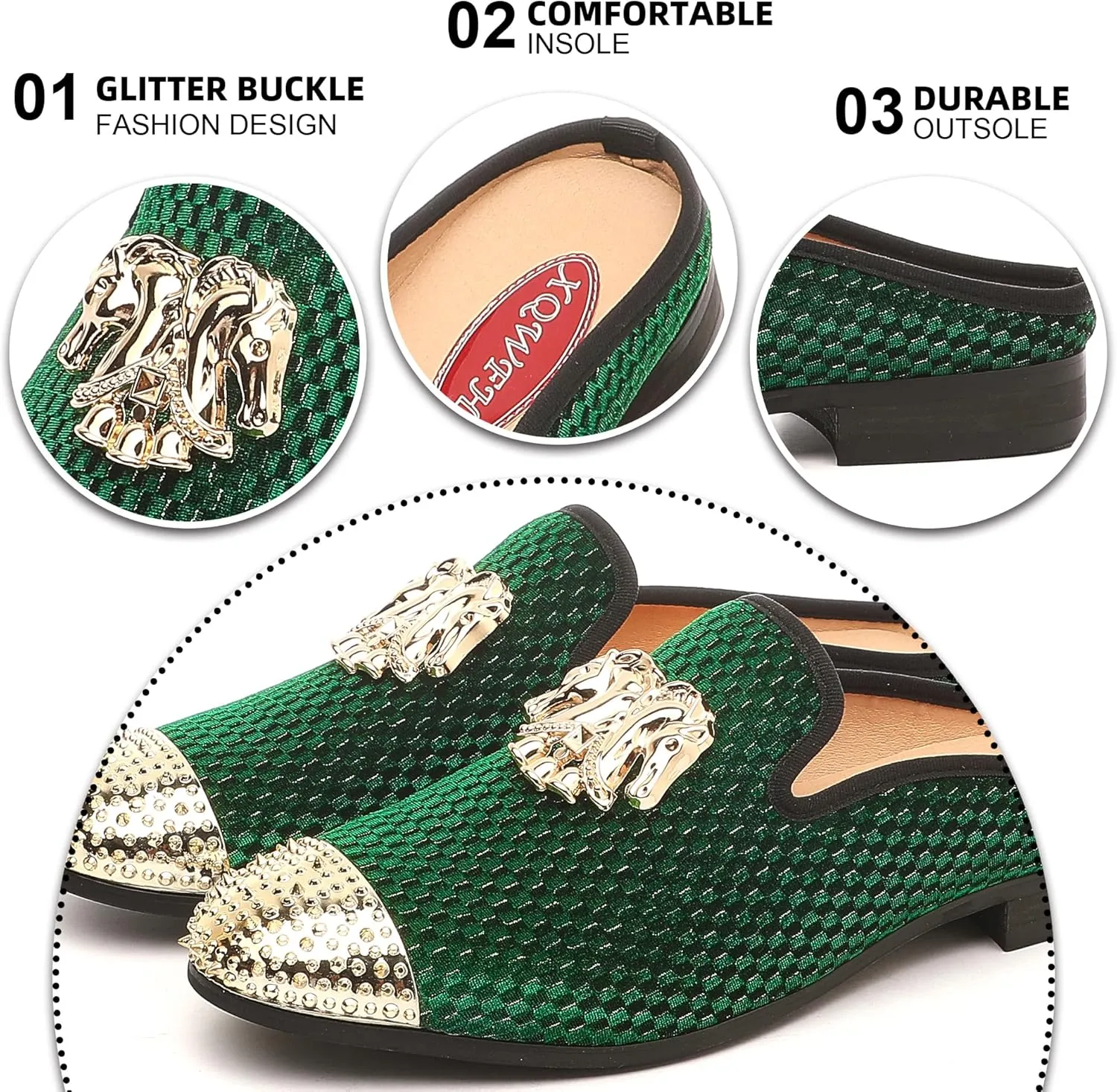 Men's Velvet Slip-on Mule Loafers with Fashion Buckle and Spiked, Stylish Formal Wear Backless Dress Slippers, Casual Anti-Slip Sandals Slides for Men