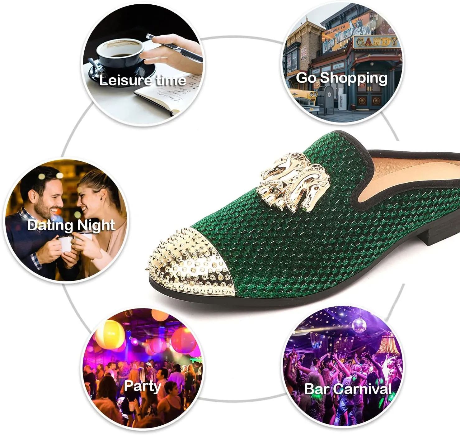 Men's Velvet Slip-on Mule Loafers with Fashion Buckle and Spiked, Stylish Formal Wear Backless Dress Slippers, Casual Anti-Slip Sandals Slides for Men