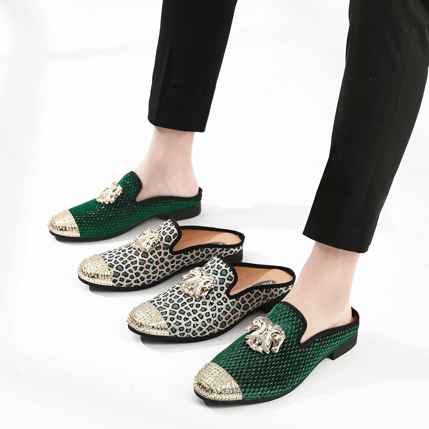 Men's Velvet Slip-on Mule Loafers with Fashion Buckle and Spiked, Stylish Formal Wear Backless Dress Slippers, Casual Anti-Slip Sandals Slides for Men
