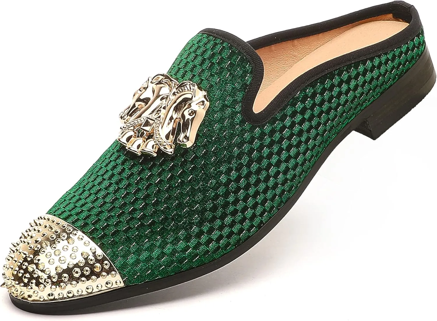 Men's Velvet Slip-on Mule Loafers with Fashion Buckle and Spiked, Stylish Formal Wear Backless Dress Slippers, Casual Anti-Slip Sandals Slides for Men