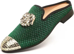 Men's Velvet Slip-on Mule Loafers with Fashion Buckle and Spiked, Stylish Formal Wear Backless Dress Slippers, Casual Anti-Slip Sandals Slides for Men