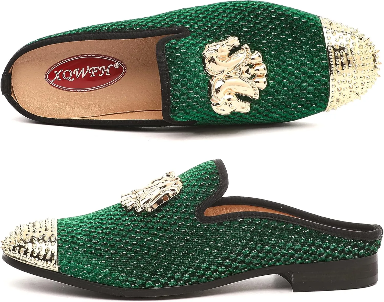 Men's Velvet Slip-on Mule Loafers with Fashion Buckle and Spiked, Stylish Formal Wear Backless Dress Slippers, Casual Anti-Slip Sandals Slides for Men