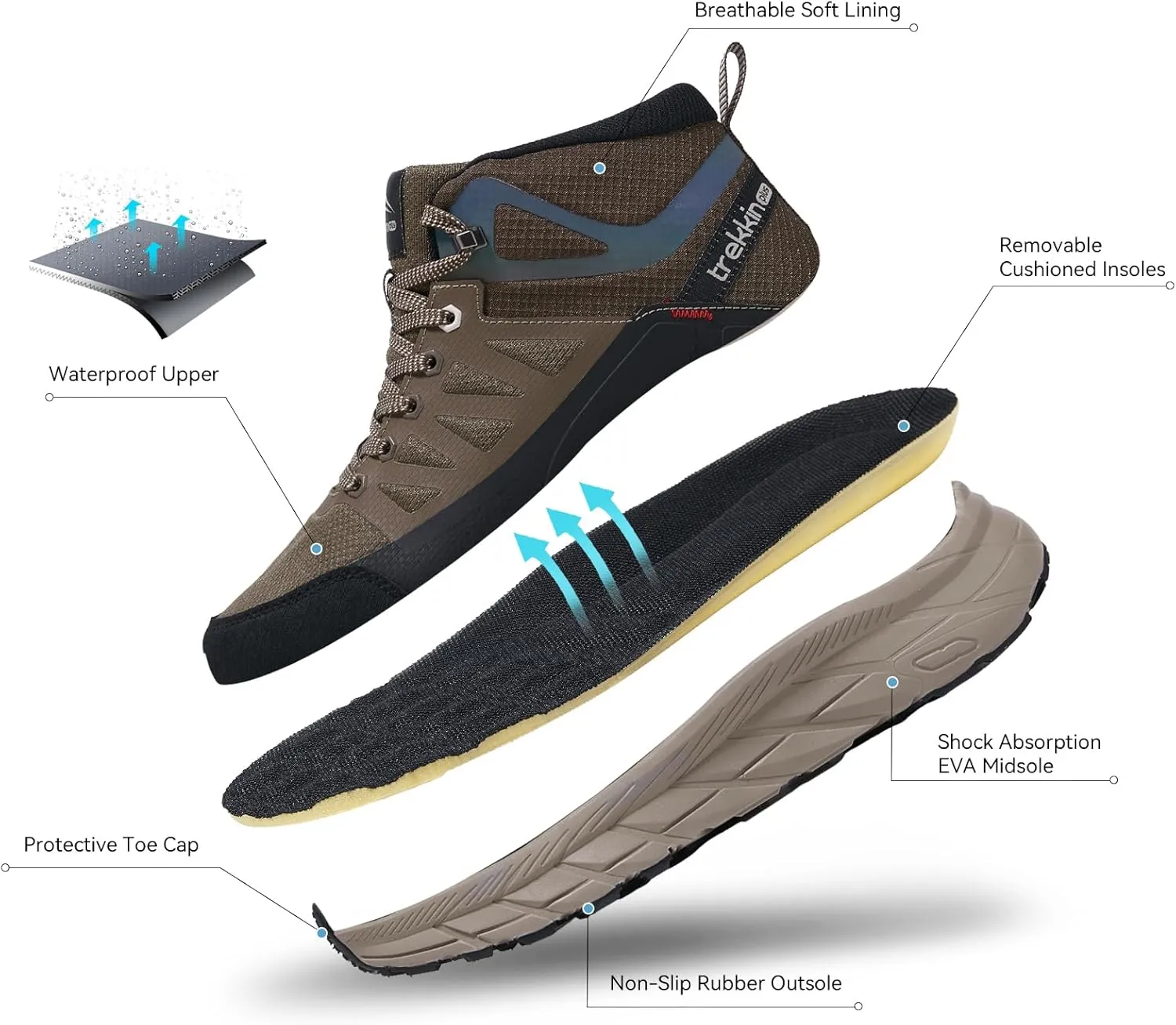 Men's Waterproof Walking Shoes Lightweight Water Resistant Sneakers Cushion Sole Boots for Work All Day Trekking Ankle High Camping Trails Hiking Boot