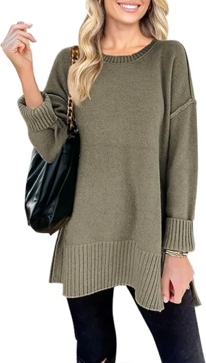 MEROKEETY Women's 2025 Fall Winter Casual Oversized Pullover Sweater Loose Crew Neck Long Sleeve Side Split Jumper Top