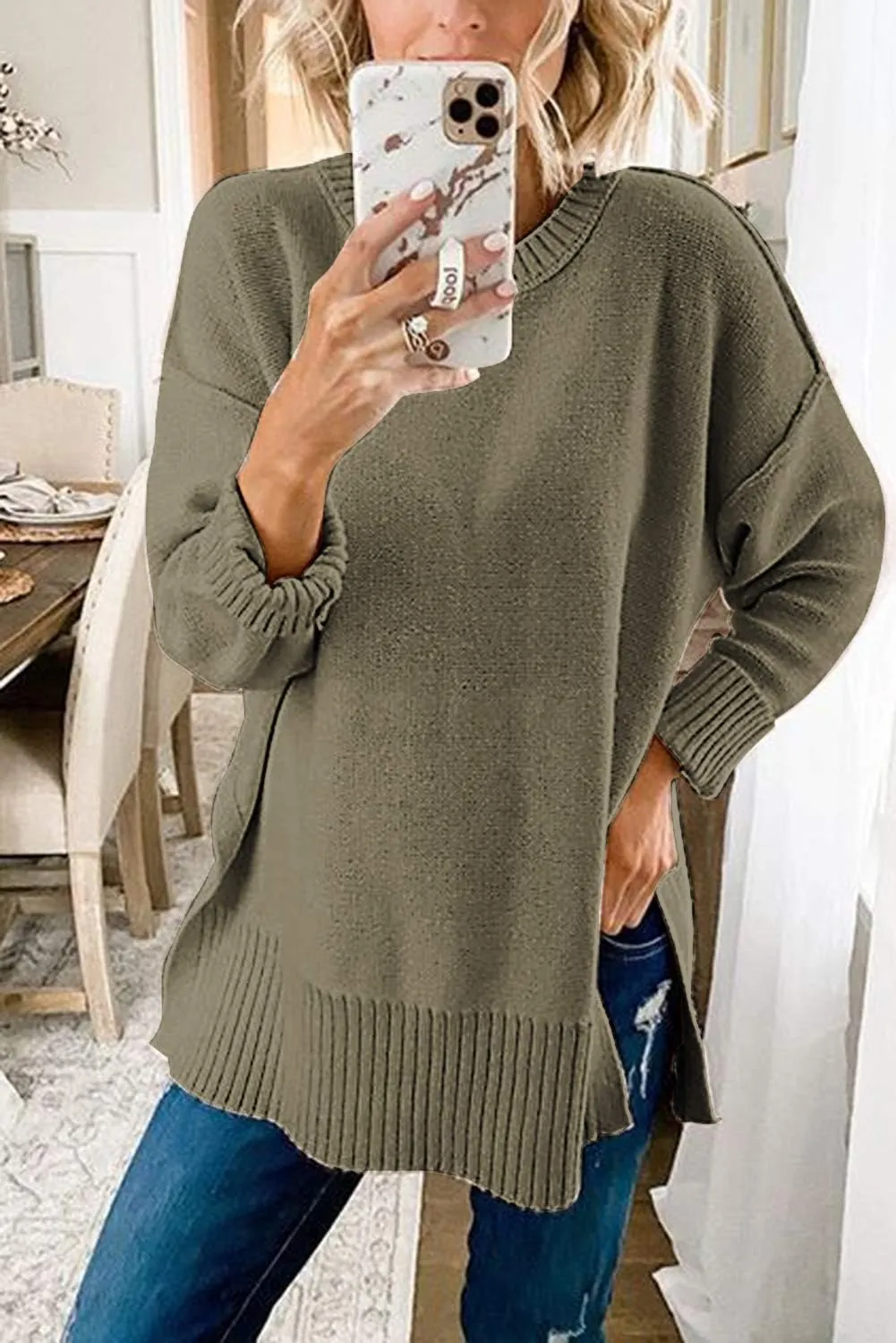 MEROKEETY Women's 2025 Fall Winter Casual Oversized Pullover Sweater Loose Crew Neck Long Sleeve Side Split Jumper Top