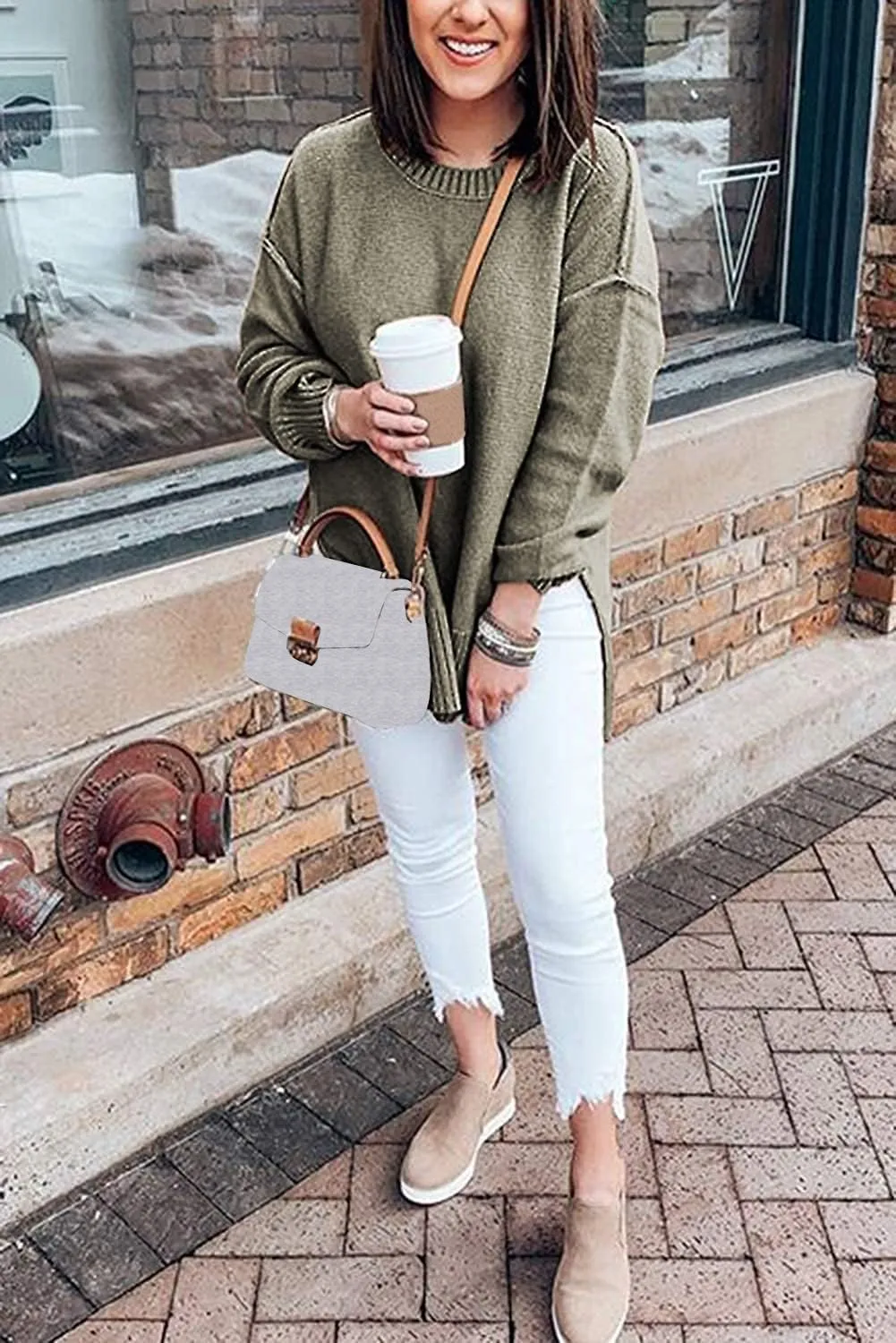 MEROKEETY Women's 2025 Fall Winter Casual Oversized Pullover Sweater Loose Crew Neck Long Sleeve Side Split Jumper Top