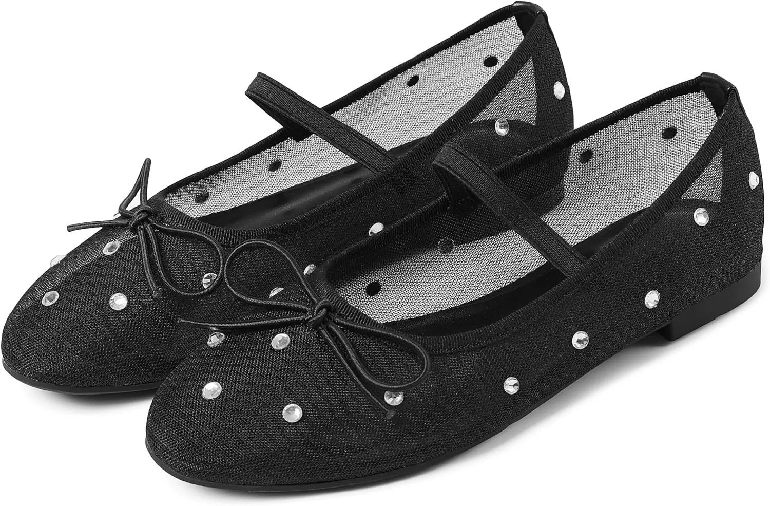 Mesh Ballet Flats for Women Crystal Rhinestone Mary Jane Shoes Comfortable Round Toe Ballerina Flats with Stretch Strap Trendy